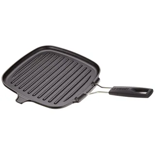 LE CREUSET Gusseisen-Grillpfanne, Quadratisch, 24 x 24 cm, Klappbarer Griff, Für alle Herdarten inkl. Induktion geeignet, Schwarz, 20054000000400