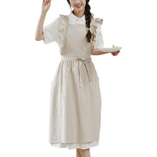 FESEAQ Schmutzabweisende Damen-Kittelschürze Mit Rüschen, Vintage-Schürze Mit Gekreuzter Rückseite, Baumwollschürze Mit Taschen Zum Kochen, Malen, Backen B,One Size