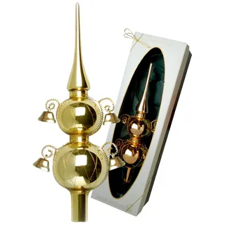 Christbaumspitze Gold glänzend mit Dekor und Glöckchen, 29 cm in hochwertiger Geschenkbox