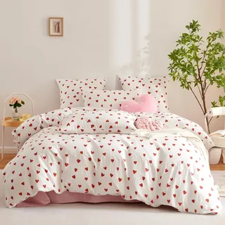 Covebett Doppelte Musselin Bettwäsche 140x200 Baumwolle Rot Herzen Herz Weich Renforce Baumwollbettwäsche Set Herzchen Rot Weiß ÖKO-TEX Bettbezug mit Reißverschluss und Kissenbezug 70x90 cm