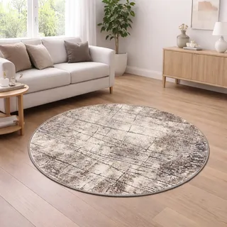 CARPETIA Teppich Wohnzimmer Schlafzimmer rund Vintage Steinoptik Teppich Beige Grau modern weich kurzflor pflegeleicht hochwertig 80 cm Rund