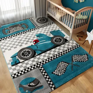 Carpettex Kinderteppich Rennwagen Design Blau 120 x 170 cm - Kurzflor Teppich Kinderzimmer für Mädchen und Jungen Pflegeleicht Weich - Waschbarer Spielteppich Babyteppich Gaming Teppich Babyzimmer