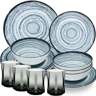 Melamin Geschirr Set Schiefer 4 Personen Blau Wohnwagen Camping Picknick
