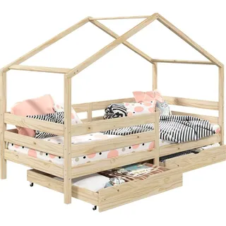 Idimex Hausbett ENA aus massiver Kiefer, schönes Montessoribett in 90 x 200 cm, Kinderbett mit Rausfallschutz, stabiles Spielbet mit Dach und 2 Schublade...