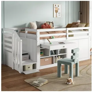 Flieks Hochbett Massivholz Kinderbett mit Schrank, Treppe und Leiter 90x200cm weiß