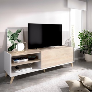 Dmora Asinara, niedrige Anrichte für Wohnzimmer, TV-Schrank, 155 x 43 x 47 cm, Eiche und Weiß