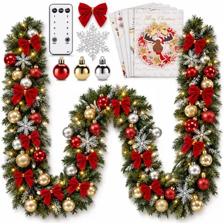 Weihnachtsgirlande 10m mit Lichterkette | 72 Weihnachtskugeln | 20 Schleifen, 20 Kristalle | 5 Weihnachtskarten | Fernbedienung | ONBEST