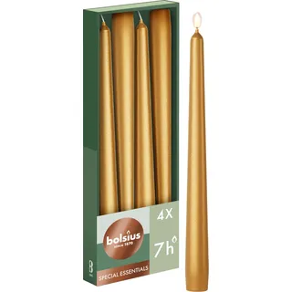 Bolsius Glatte Spitzkerzen - Metallic Gold - Set 4 Stück im Karton - 24,5 cm - Dekorative Haushaltkerzen - Brenndauer 7 Stunden - Unparfümierte - Natürliches Pflanzenwachs - Ohne Palmöl