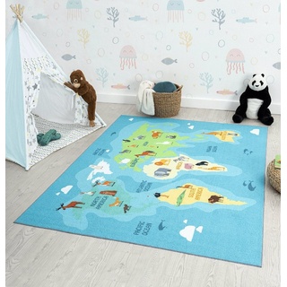 Teppich Happy Life Kinderteppich, Spielteppich, Waschbar, Weltkarte, the carpet, Rechteck, Bunt und Kindergerecht, waschbar, Anti-Rutsch Unterseite blau Rechteck - 80 cm x 150 cm