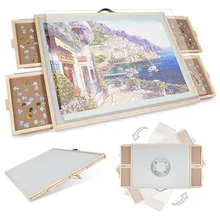 1500 Teile 2-in-1 Neigbares & Drehbares Puzzle-Brett für Erwachsene, Holz-Puzzleschreibtisch mit 4 Schubladen 84,3 x 62,3 cm, Tragbares Brett mit Lazy Susan und Abdeckung