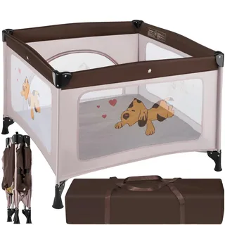 tectake® Laufstall Baby faltbar, Reisebett Kinder, Babybett und Laufgitter Baby in einem, Gitterbett und Playpen, Faltbarer Laufstall mit Matratze, Reisegitterbett - Braun Coffee