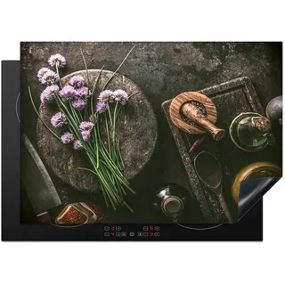 KitchenYeah© Herdabdeckplatte Einteilig Ceranfeld Abdeckplatte Küche Deko Ceranfeldabdeckung Herdabdeckung Induktionsmatte Kräuter - Industrial - Gewürze - Braun - 75x52 cm