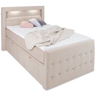 Girona LED-Bett 120x200 mit Bettkasten und Kristallen - Bett mit Matratze und Topper - Stauraumbett 120 x 200 cm mit Schubladen Samt-Stoff beige