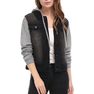 Allegra K Damen Jeansjacke mit Kapuze Langarm Button Panel Hoodie Denim Jacke Schwarz L - L
