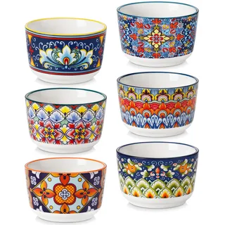 vancasso Creme Brulee Schälchen 180ml, SIMI Souffle Förmchen Backofenfest, Ofenfeste Förmchen 6er Set, Creme Brulee Schalen, Keramik Ramekins für Ragout Fin Schalen, Vibrant Bohemian Mini Auflaufform