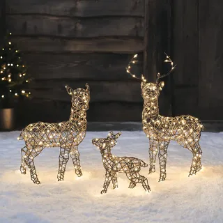 Lights4fun 3er Set Studley LED Rattan Hirsch Familie Rentier Figur Timer Weihnachtsbeleuchtung Außen und Innen Weihnachtsfigur Rentier Balkon Deko