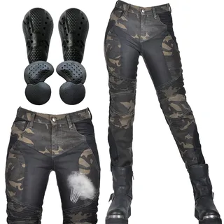 SHUOJIA Damen Motorradjeans mit Camouflage-Denim-Hose mit atmungsaktivem Mesh und abnehmbaren Hüft- und Knieprotektoren Sommer (Green,XS)