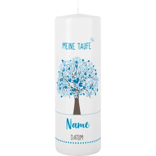 Striefchen® Taufkerze 250/80 mm mit Lebensbaum und Aufdruck des Namen und Datum sowie Taufspruch Weiß - Blau