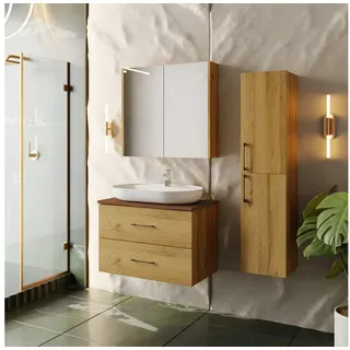 Karen Badmöbel-Set Badmöbel Set Verona, (Komplett-Set, Standartmäßig 4-Teilig (Unterschrank, Konsole, Waschbecken, Spiegelschrank), 4-St., Unterschrank mit Schubladen, Spiegelschrank mit Türen & Regalen), Holzfurnier, Natürliches Design, Konsole, Aufsatzwaschbecken beige 80 cm