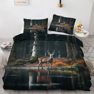 YELDAN Wald Hirsch Bettwäsche 135x200 Winter, Elch Tier Motiv Bettbezug 135x200 2er Set, Wendebettwäsche und Kissenbezug, Weiche & Atmungsaktive Mikrofaser Bettwäsche-Sets