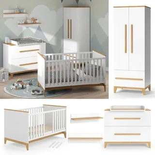 VitaliSpa Babymöbel Set Malia Weiß Eiche Wickelkommode Wandregal Kinderbett Kleiderschrank Kinderzimmermöbel Wickelauflage Aufbewahrung Lattenrost Rausfallschutz Kleiderstange