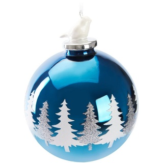 BRUBAKER Weihnachtsbaumkugel Premium Weihnachtskugel Blau mit weißen Tannenbäumen und Vogel Figur (1 St), 10 cm Baumkugel aus Glas - Weihnachtsbaumkugel Schneebedeckter Wald blau