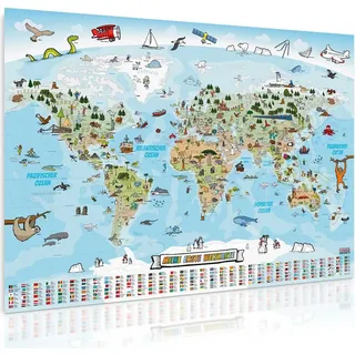 Kinder Weltkarte XXL Poster 140x100cm Deutsch - Abwischbare Landkarte für Kinderzimmer mit Tieren & Flaggen - Lehrreiches Wandbild laminiert - Braun