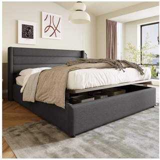 PHOEBE CAT Boxspringbett (Funktionsbett, Doppelbett Hydraulisches Bett mit Lattenrost), Polsterbett Stauraumbett 140x200 cm, Lattenrost aus Holz, Leinen grau 153.5 cm x 214.5 cm