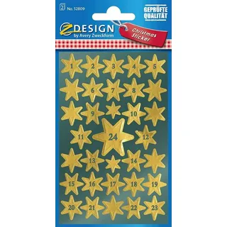 Avery Zweckform Klebenummern Sterne mit Zahlen 1-24, gold, 66 Etiketten