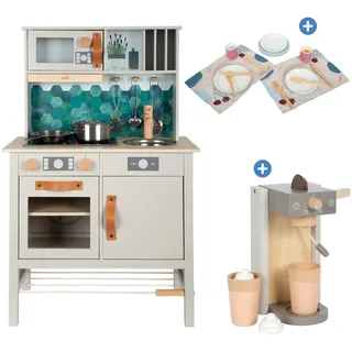 small foot Kinderküchen-Set mit Kinderküche, 18-tlg. Geschirrset & 7-tlg.Kaffeemachinen-Set - Tasty - Bunt