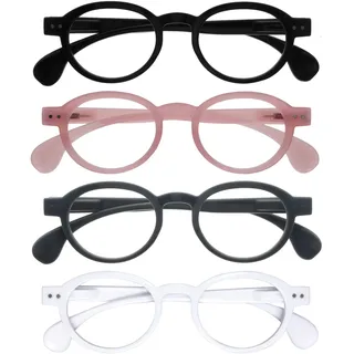OPULIZE OCA Lesebrille - 4er-Pack - Moderne Runde Retro-Fassung - Schwarz Pink Grau Weiß - Herren Damen - Federscharniere - RRRR54-147W - +3.00
