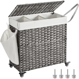 SONGMICS Wäschekorb mit Deckel, 140 L, 3 Fächer, mit Rollen, Rattan-Optik | Wäschesammler, Wäschesack herausnehmbar, für Waschküche, 66 x 33 x 66 cm, Grau und Weiß, ELIOTT Kollektion LCB363G01