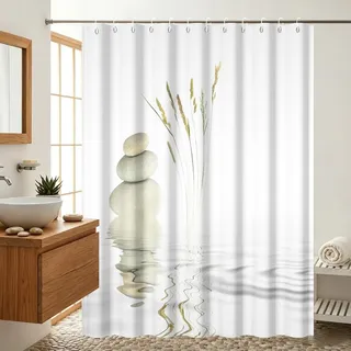 Uiiooazy Duschvorhang 200x180cm, Duschvorhang Anti Schimmel Spa Steine Grau Pebble Zen Landschaft Motiv Duschvorhänge Stoff Waschbar Wasserdicht Polyester Bad Vorhang mit 12 Haken für Badezimmer