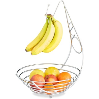 Relaxdays Obstschale mit Bananenhalter, Obstkorb verchromt, Bananenhaken, Stehend, HBT: ca. 42 x 29,5 x 32 cm, silber