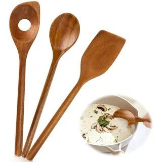 AKONE 3 Stück Kochlöffel Holz Set, Naturholz Holzlöffel, Langlebig Antibakteriell Kochlöffel, Pfannenwender, Risottolöffel, Holzkochlöffel Küchenutensilien für Antihaft und Tontöpfe
