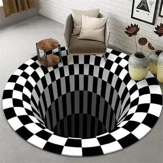 famesale 3D Visual Trap Optischer Teppich Schwarz Weiß Karo Swirl Teppich Bodenloses Loch Halloween Teppiche rutschfeste waschbare Fußmatte Wohnzimmer Eingangsbereich Teppiche