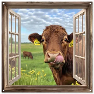 MuchoWow© Gartenposter Outdoor Bilder Gartendeko für draußen Wetterfest | 100x100 cm - Garten Terrassen Sichtschutz Deko Banner Draußen Bild Fensterblick - Kuh - Wiese - Landschaft - Tiere