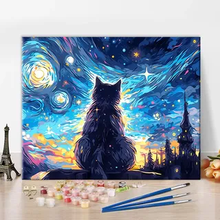 Schwarze Katze Malen nach Zahlen Erwachsene Anfänger, Malen nach Zahlen Kits auf Leinwand Tiere, Malen nach Zahlen Kit Erwachsene Sternenhimmel, Acrylmalerei nach Zahlen 40 x 50 cm(rahmenlos)