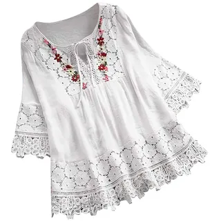 Tunika Damen Große Größen Tunika Hemd 3/4 Arm Spitze Shirtbluse Oversize Elegant Oberteile Tops Vintage Lose Weiße Übergrößen Mode Tshirt Bluse Longshirt Longbluse