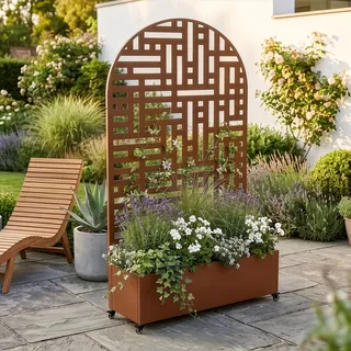 casa.pro Blumenkasten mit Sichtschutz Bernalda 190x120x38 cm Braun | Trennwand mit Rollen, Rundbogenform, Rankgitter, Metall, verzinkt, Balkon, Pflanzkübel hoch