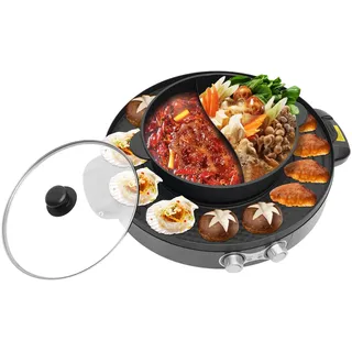 2-in-1 Elektrischer Hotpot & Grill, 2200 W Leistungsstarker Fondue-Topf mit Antihaftbeschichtung, Unabhängige Stufenlose Temperaturregelung, Großes Fassungsvermögen (Schwarz)