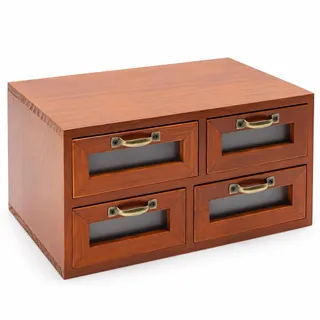 TaNeHaKi Schubladenbox Holz 4 Schubladen Schreibtisch Organizer Vintage | Massivholz, Aufbewahrungsbox für Schmuck und Bürobedarf, Eisengriffe, Schlafzimmer, 30x18x15cm, montagefrei