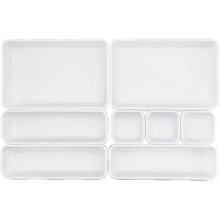 8er-Pack Schreibtisch-Schubladen-Organizer, ineinandergreifende Schubladen-Trennwände mit 3 Größen, vielseitige Aufbewahrungsboxen Schubladen-Organizer für Küche, Büro, Make-up, Badezimmer (Weiß)