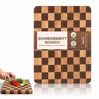 Premium Schneidebrett Stirnholz Schachbrett mit Saftrille aus Walnuss- und Heveaholz - 40 x 30 x 3 cm Hochwertiges Küchenbrett aus Holz - Holzschneidebrett groß mit Standfüßen - Hackblock