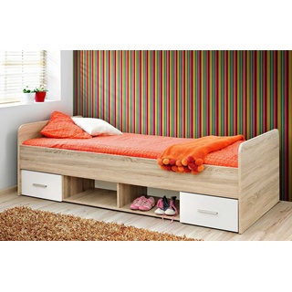 Stylefy Jugendbett »Dino Sonoma Eiche, Weiß Matt« (Jugendbett, Bett), 90x200, mit 2 Schubladen, viel Stauraum, Modern Design, Liegekomfort, made in Europa weiß
