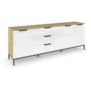 Rauch Möbel Flipp, Nachttisch für Schlafzimmer, Flur, Garderobe, 3-türig, 3 Schubladen, mit Softclose-Funktion, Griffe und Metallkufe Graphit, Farbe Eiche Artisan, Holz/Glas Weiß, Breite 199 cm