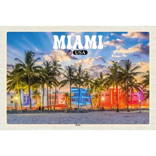 Hebold Blechschild 30x20 cm Reise Miami USA Strand Palmen Urlaub Metall Deko Schild - Gewölbt, Abgerundete Ecken, Vorgebohrte Löcher, Made in Germany.