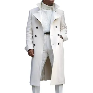 Zweireihiger Langer Trenchcoat für Herren Winter Windbreaker Mantel mit Revers Lässige Schmal Geschnittene Business Erbsenjacke (Weiß,XXL)