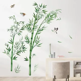 Famanu Wandsticker Große Bambus Pflanzen fliegende Vögel - Wandtattoo für Schlafzimmer und Wohnzimmer