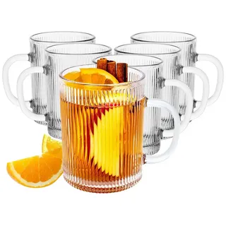 KONZEPT Gläser-Set Kaffeegläser Geriffelt 350ml Set 2/4/6 Stk. mit Henkel Transparent, 6-tlg., 350 ml, geriffelte, ideal als Kaffeegläser